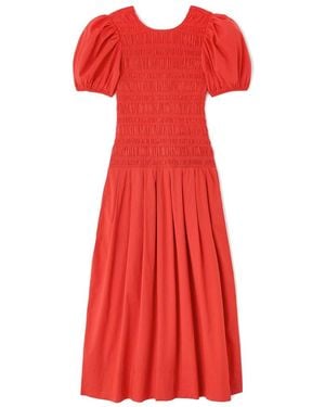 Ganni Long Smocked Organic Cotton Pleated Dress - Red