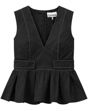 Ganni V-Neck Cotton Pocket Blouse - Black