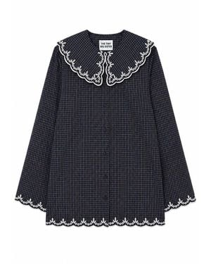 The Tiny Big Sister Checks Embroidered Neck Dress - Blue