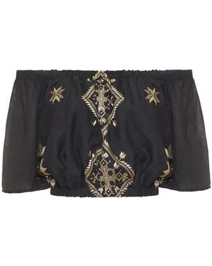 Greek Archaic Kori Embroidered Bardot Linen Top - Black