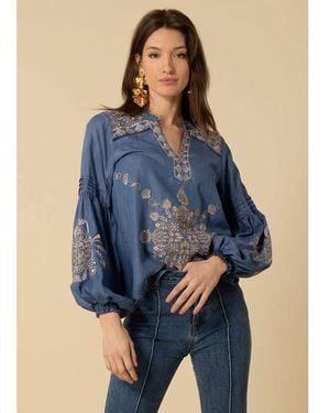 Hale Bob Elliott Embroidered Chambray Top - Blue