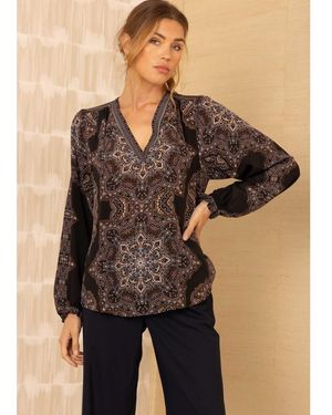 Hale Bob V-Neck Kaleidoscope Print Top - Black