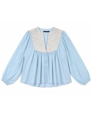 Greek Archaic Kori V-Neck Embroidered Peasant Blouse - Blue