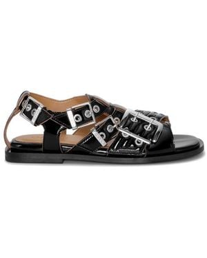 Ganni Buckle Flat Strap Naplack Sandals - Black
