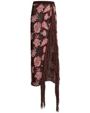 Etro Long Cotton Blend Jacquard Skirt With Fringe And Floral Pattern - Red