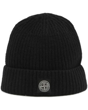 Stone Island Ribbed Knit Beanie With Logo - Black