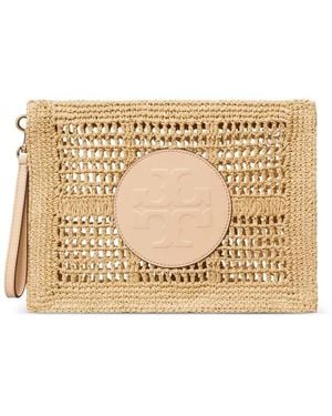 Tory Burch Logo-Patch Woven Clutch Bag - Natural