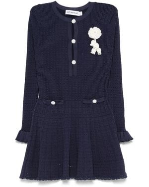 Self-Portrait Perforated Knit Short Dress With Removable Lace Brooch - Blue