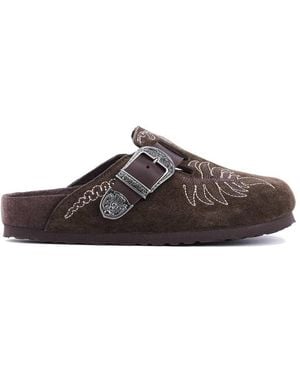 BIRKENSTOCK BY ETRO Embroidered Suede Boston Mules - Brown