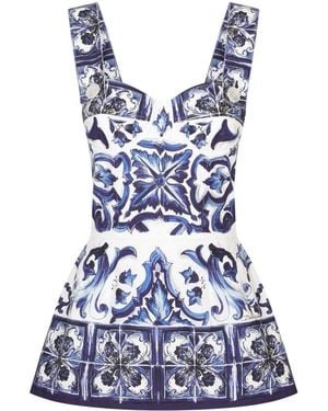 Dolce & Gabbana Dolce & Gabbana Majolica-Print Poplin Top With Peplum - Blue