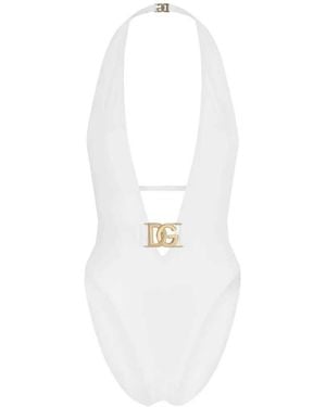 Dolce & Gabbana Plunging-Neckline One-Piece Swimsuit - White