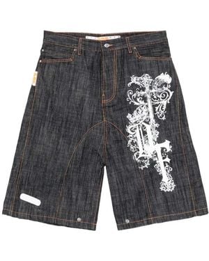 PDF Graphic Print Denim Shorts - Grey