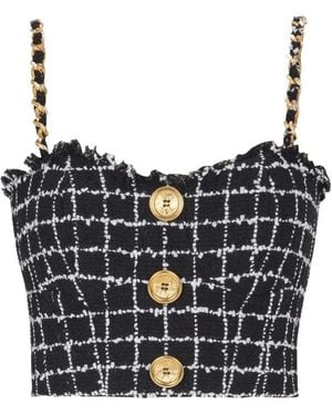 Balmain Tweed Top With Shoulder Straps - Black