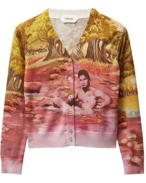 Versace Printed Silk Knit Cardigan - Red