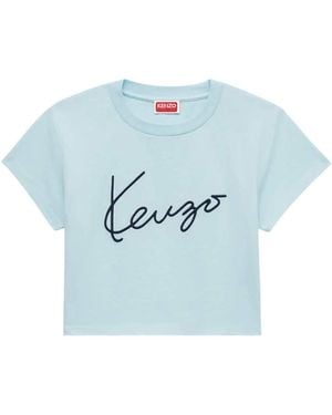 KENZO Signature' Embroidered Cotton Cropped T-Shirt - Blue