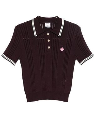CASABLANCA Short-Sleeved Knit Polo With Vertical Open-Knit Stripes - Red