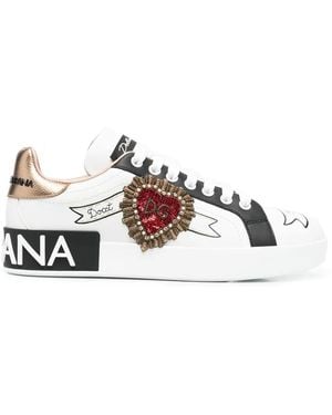 Dolce & Gabbana Sneakers Portofino In Vitello Nappato Stampato Con Patch Ricamo - Bianco