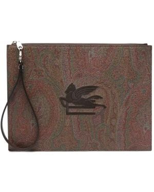 Etro Clutch Bag With Embroidered Logo And Paisley Print - Brown