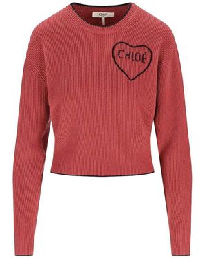 Chloé Cropped Fitted Wool Knit Logo Jumper - Red