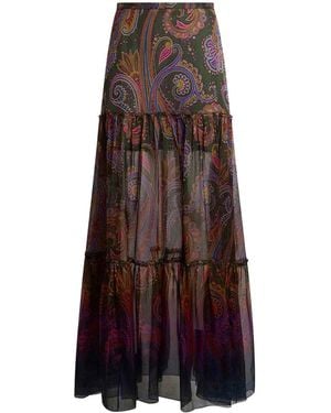Etro Long Silk Skirt With Placement Paisley Print - Purple