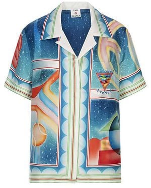 CASABLANCA Printed Short Sleeve Silk Shirt - Blue