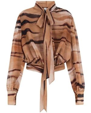 Elisabetta Franchi Animal-Print Cropped Long-Sleeve Blouse - Brown