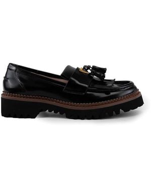 Coccinelle Beat Shiny Leather Loafers With Fringes - Black