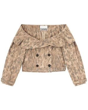 Ganni Printed Stretch Cotton Open Collar Jacket - Natural