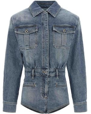 Self-Portrait Rhinestone Denim Jumpsuit - Blue