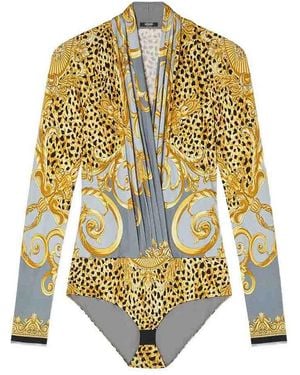 Versace Baroque-Print Deep V-Neck Bodysuit - Yellow