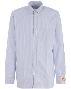 Golden Goose Logo Patch Striped Cotton Shirt With Pocket - Blue