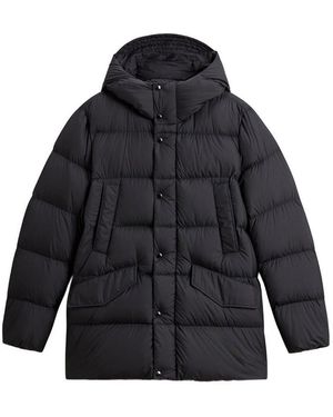 Woolrich Long Puffer Jacket With Double Pockets - Blue