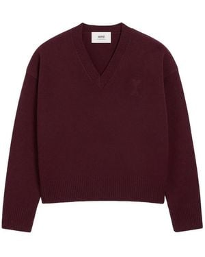 Ami Paris Pull Col V De Coeur - Purple