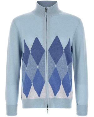 Ballantyne Classic Diamond Intarsia Zip Cardigan - Blue