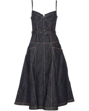 Self-Portrait Denim Flared Midi Dress - Blue