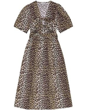 Ganni Leopard Printed Cotton Tie Strap Midi Dress - Multicolor