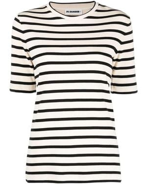 Jil Sander Fine Ribbed Striped T-Shirt With Logo Patch - Black