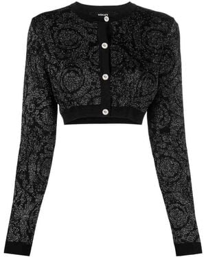 Versace Barocco Texture Knit Cropped Cardigan - Black