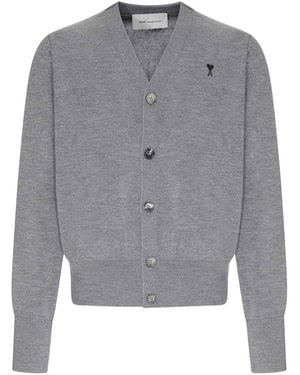 Ami Paris V-Neck Knit Cardigan With Embroidered Logo - Gray