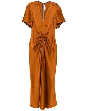 Victoria Beckham Gathered V Neck Midi Dress Clothing - Orange
