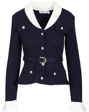 Self-Portrait Ribbed Cardigan - Blue