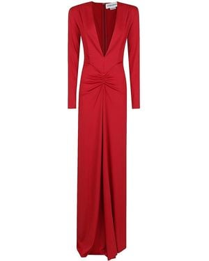 Victoria Beckham Long Sleeve Deep V-Neck Gown - Red