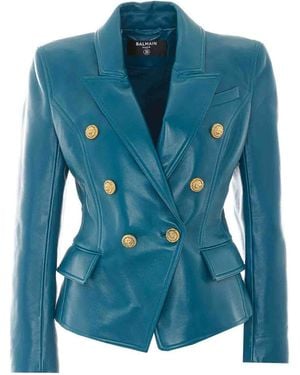 Balmain Double Breasted Buttons Leather Jacket - Blue