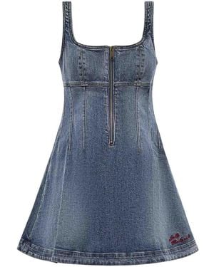 Self-Portrait Flared Denim Mini Dress With Logo - Blue