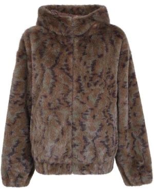 Drole de Monsieur Khaki Hooded Zipped Fake Fur Jacket - Brown