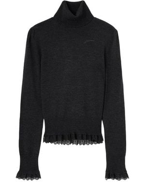 Ganni High-Neck Merino Wool Jumper With Lace Trim - Black