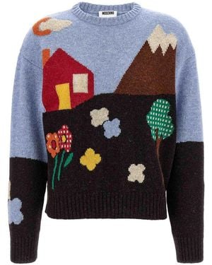 Moschino Shetland Wool Jumper With Landscape Intarsia - Blue