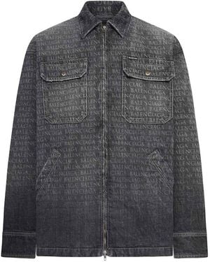 Balenciaga Denim Overshirt With All-Over Logo - Grey