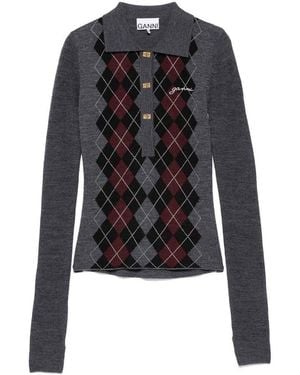 Ganni Anthracite Long-Sleeve Polo Shirt - Black