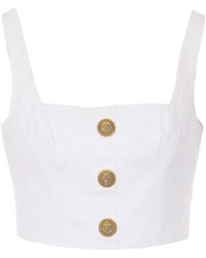 Balmain Buttoned Denim Top - White